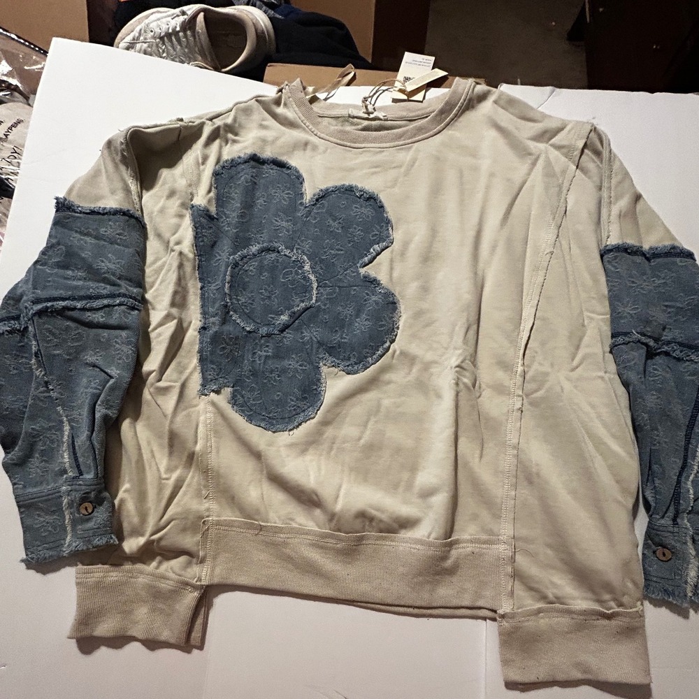Blue Velvet Deconstructed Floral Denim Patchwork Sweatshirt Tan Blue Medium NWT